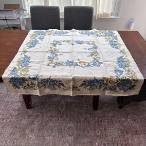 NOS Vintage Waverly Linen Tablecloth Hand Printed Blue Yellow Floral 52x52 USA